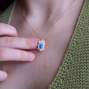 Rose gold and opal owl necklace
